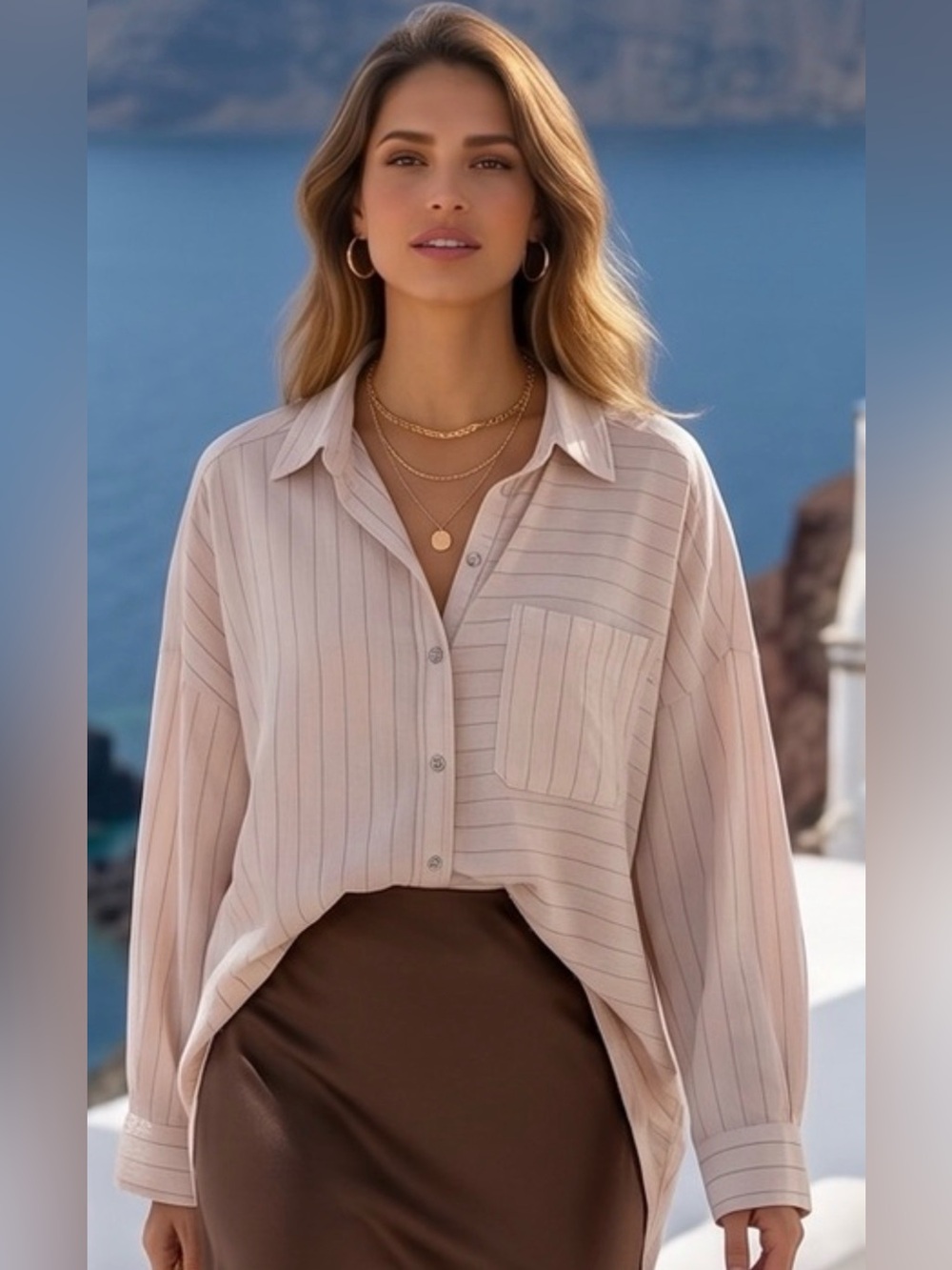 Soft blush striped button-down long sleeve blouse by New In| Size Small NWOT